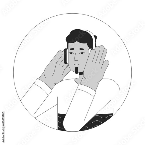 Headphones indian man bearded black and white 2D vector avatar illustration. South asian guy listening to music beats outline cartoon character face isolated. Podcast listener flat user profile image