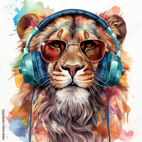 watercolor Dj Lion With Headphones And Sunglasses clipart, Generative Ai
