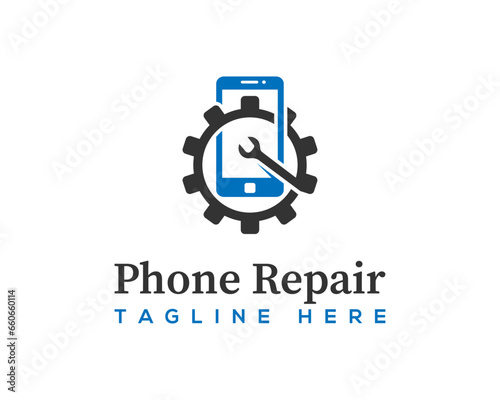 Mobile service and smartphone repair home logo design. Smartphone store, Phone fix and repair service logo with repair tools.