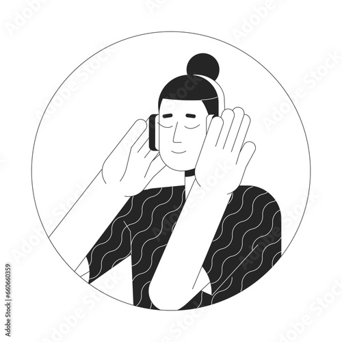 Chilling headphones asian man top knot black and white 2D vector avatar illustration. Korean guy listening to music beats outline cartoon character face isolated. Music lover flat user profile image