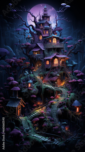 Halloween theme  mystical dark forest with fairy house illuminated by lanterns