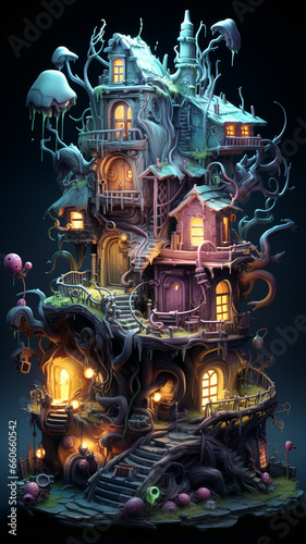 Halloween theme: mystical dark forest with fairy house illuminated by lanterns