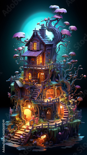 Halloween theme: mystical dark forest with fairy house illuminated by lanterns © barinovalena