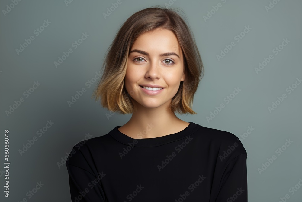 Portrait of a confident fictional model smiling. Isolated on a colored background. Generative AI Illustration. Portrait of a confident fictional model smiling. Isolated on a colored background. Generative AI Illustration.