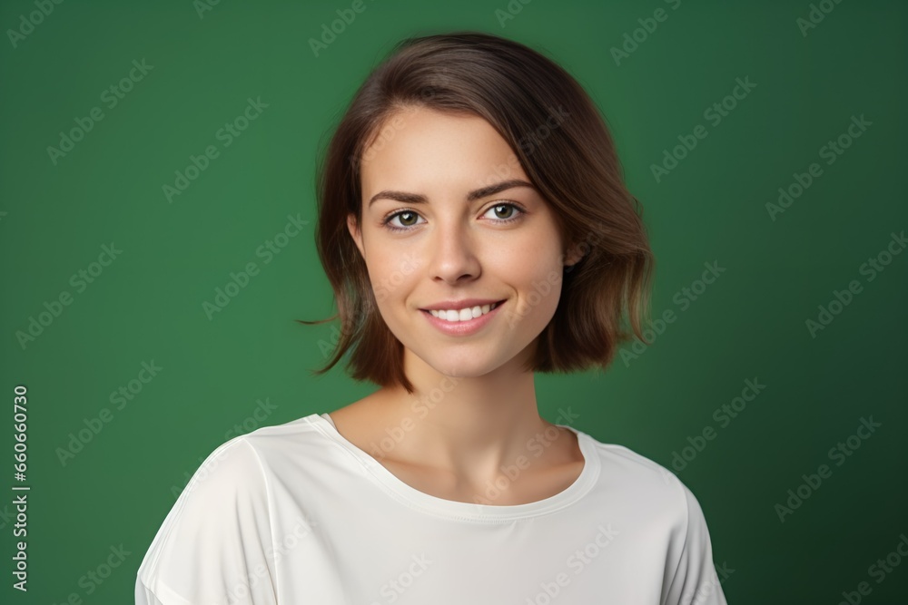 Portrait of a confident fictional model smiling. Isolated on a colored background. Generative AI Illustration. Portrait of a confident fictional model smiling. Isolated on a colored background. Generative AI Illustration.