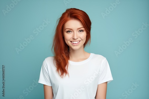Portrait of a confident fictional model smiling. Isolated on a colored background. Generative AI Illustration.