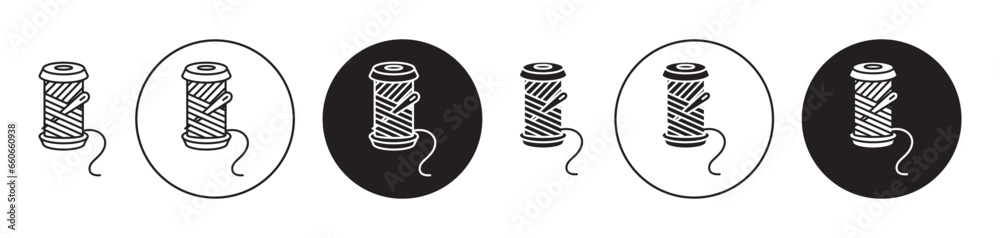 Spool of thread icon set. tailor cotton sewing cone and needle vector symbol. nylon wire yarn reel sign in black filled and outlined - obrazy, fototapety, plakaty 