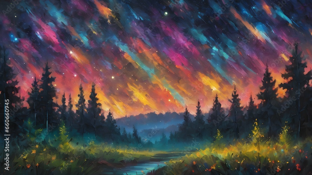Abstract time lapse night sky with shooting stars over forest landscape. Milky way glowing lights background. Oil art. AI generation