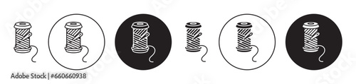 Spool of thread icon set. tailor cotton sewing cone and needle vector symbol. nylon wire yarn reel sign in black filled and outlined photo