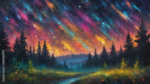 Abstract time lapse night sky with shooting stars over forest landscape. Milky way glowing lights background. Oil art. AI generation