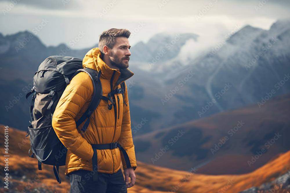 a man in a yellow jacket with a backpack on his back in mountains