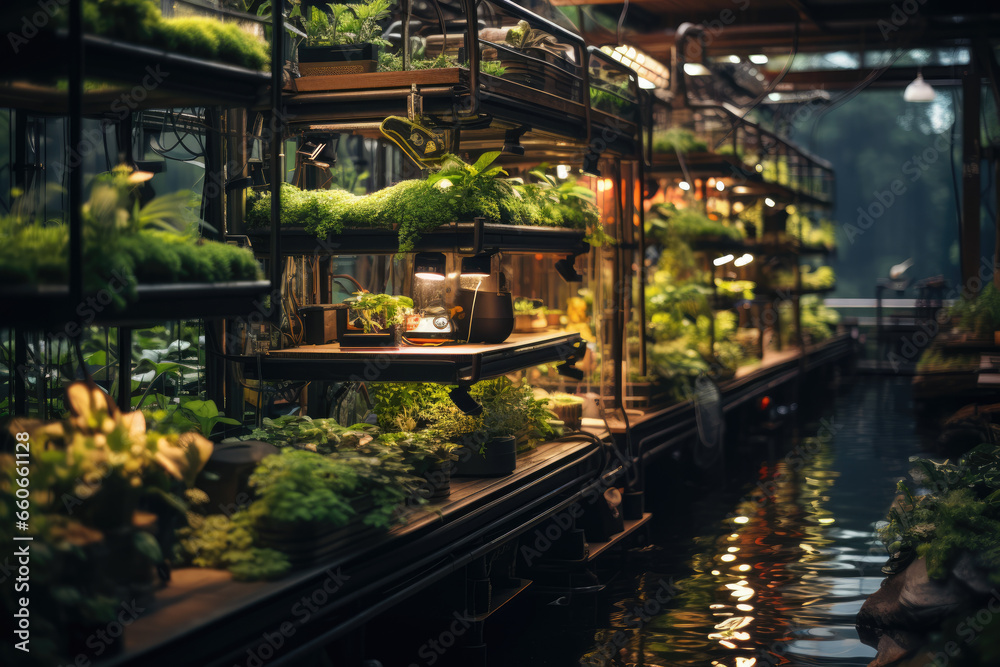 An urban farm using aquaponics to grow vegetables and raise fish in a symbiotic ecosystem. Generative Ai.