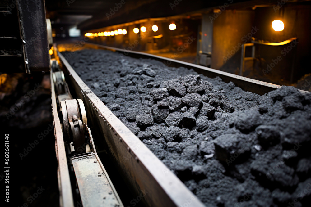 Conveyor laden with stone coal, part of coal mine's subterranean operations Conveyor laden with stone coal, part of coal mine's subterranean operations