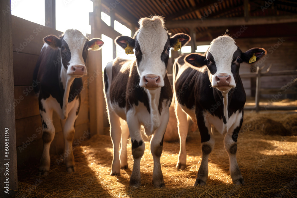 A cow with two small calf standing in cowshed, looking ahead, ea A cow with two small calf standing in cowshed, looking ahead, ea