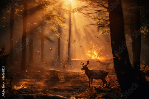 A strong forest fire  a herd of forest deer escapes from the fir
