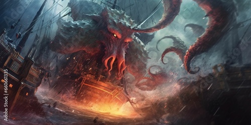 Giant Kraken Octopus Attack Pirate Ship with Thunderstorm Background. Cthulhu Illustration