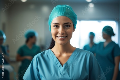 Photo of a cheerful woman in scrubs posing for the camera