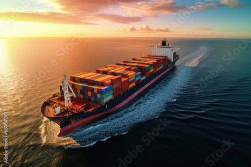 sea container ship moving on the sea,sea sunset, low sun, aerial view