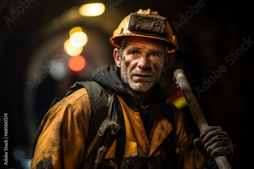 mining worker in uniform holding a large axe for emergency situations