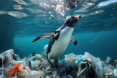 The penguin swims among the garbage floating in the water, plastic bags, cans, plastic bottles lie on the seabed