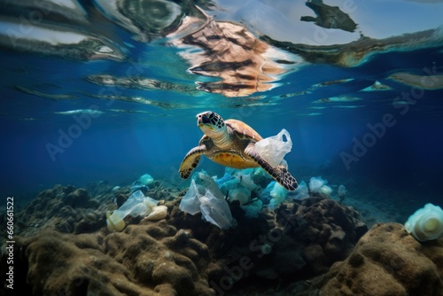 sea turtle swims dirty water, ocean polluted with household garbage, plastic bags and bottles, environmental disaster © nordroden