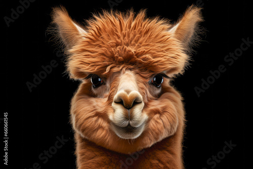 Close up of cute alpaca face isolated on black background.