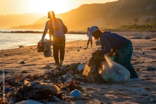 Two individuals cleaning up litter along the sandy shore of a beach
