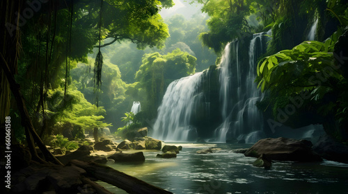 Serene cascading waterfall hidden amidst a lush, emerald forest. Generative Ai.