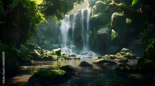 Serene cascading waterfall hidden amidst a lush  emerald forest. Generative Ai.NO.02