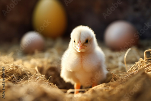A tiny yellow chicken is standing on a straw, chicken eggs are s