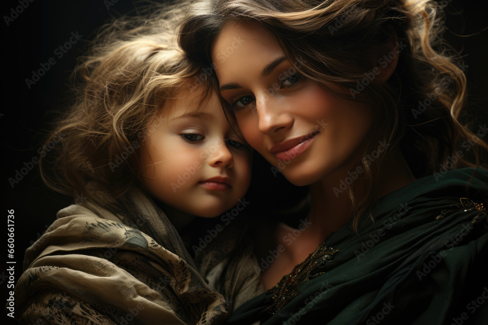 A portrait of a mother and child, capturing the profound bond between them. Generative Ai. A portrait of a mother and child, capturing the profound bond between them. Generative Ai.