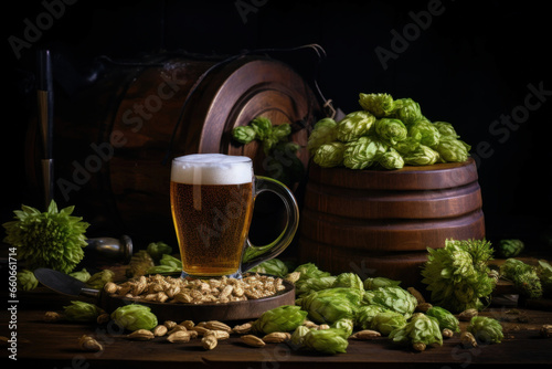 beer mug surrounded by a scattering of green hop cones, barrel,