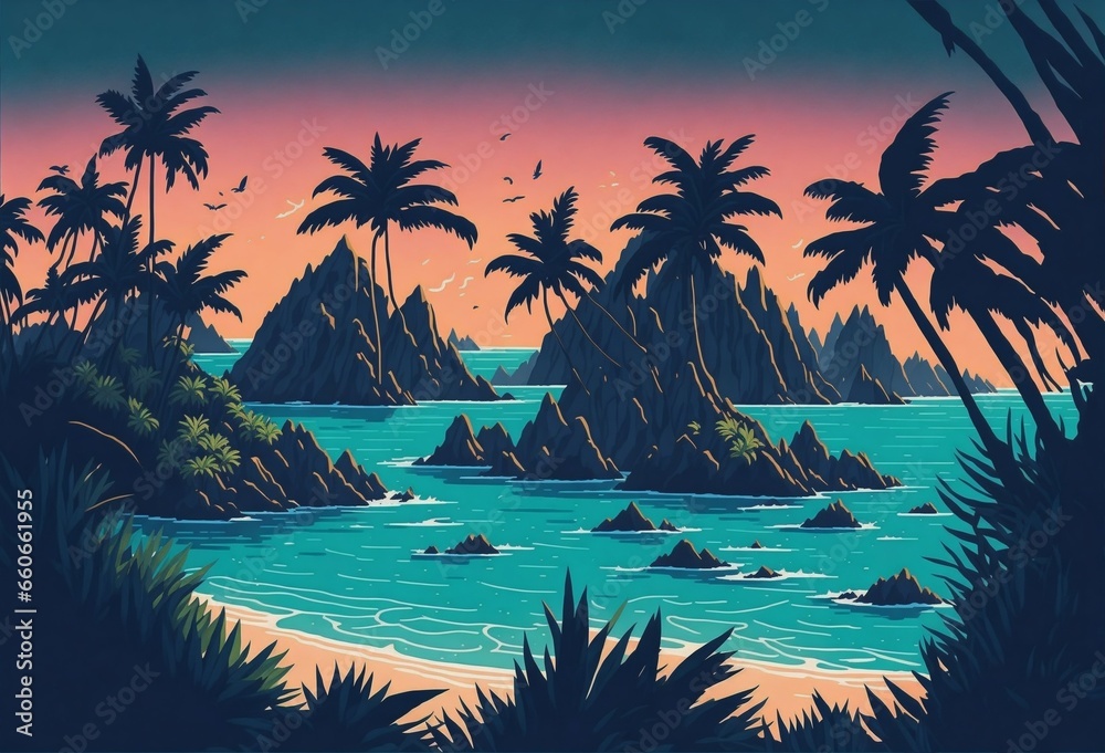 The tropical landscape of beautiful mountains and the sunset, flat vector art illustration background, Generative AI