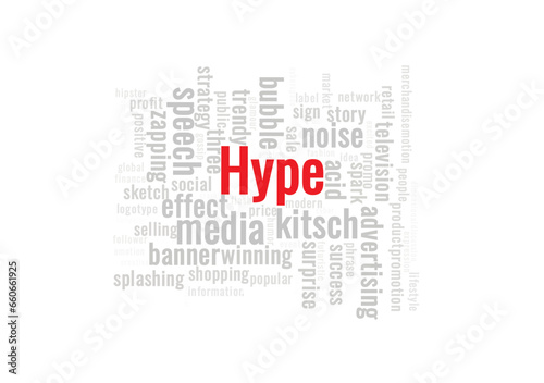 Illustration in the form of a cloud of words related to hype