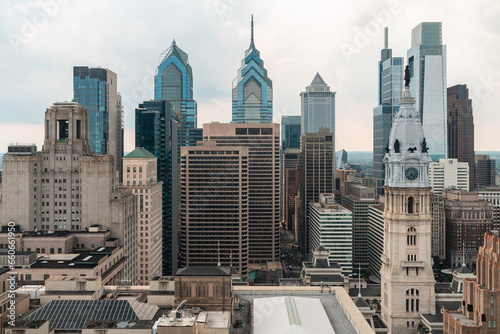 Aerial panoramic cityscape of Philadelphia financial downtown, Pennsylvania, USA. Philadelphia City Hall Clock Tower. A vibrant business and cultural neighborhoods. photo