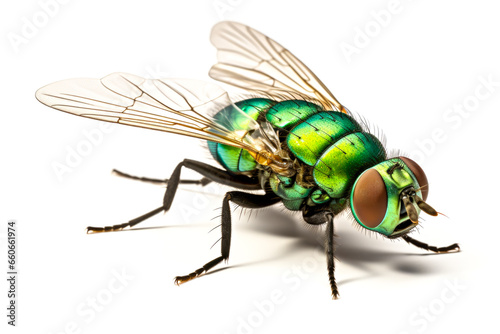 Green house fly isolated on white background. Macro photo of fly.
