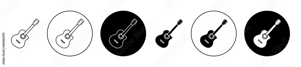 Acoustic guitar icon set. concert music guitar vector symbol in black filled and outlined style. - obrazy, fototapety, plakaty 