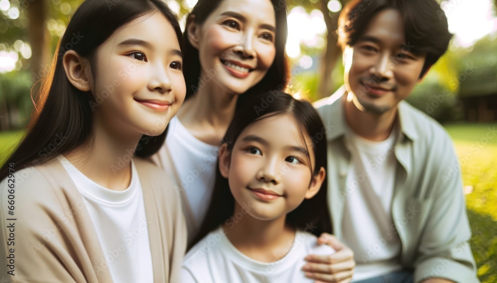 Obraz premium Asian family standing on grass in a park.