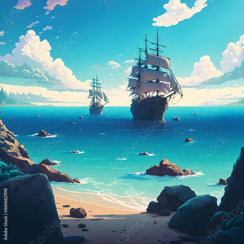 a calm ocean with a pirate ships in the distance drawn in one piece style anime cartoon watercolor 32k 16k 8k 3D shading Tone Mapping Ray Tracing Global Illumination Diffraction Grating Crystalline  photo