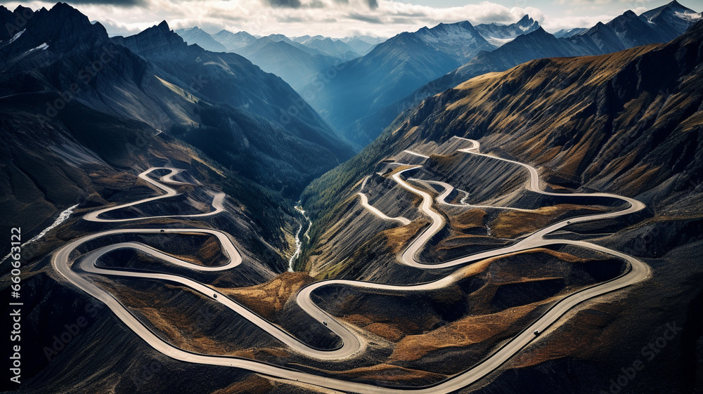 aerial drone view of highway road in switzerland - obrazy, fototapety, plakaty 