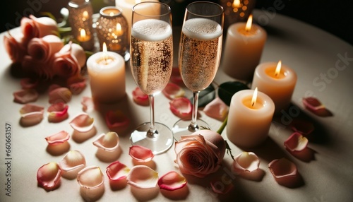 A table for two with candles, rose petals scattered, and wine glasses filled with sparkling champagne.
