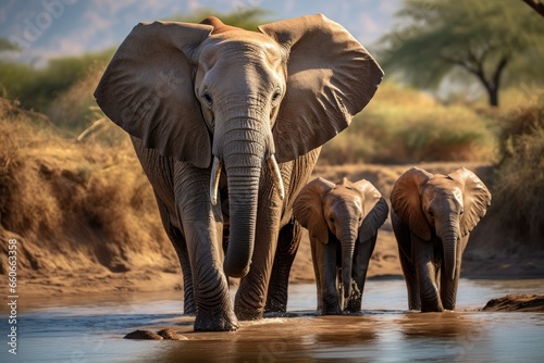 three elephants and a baby are next to watering holes Generative AI
