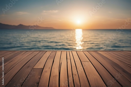 Empty wooden terrace floor with sea and sunset background. Perspective view. High quality photo © FrameFinesse