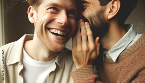 One person whispering into their partner's ear, both with glowing smiles.
