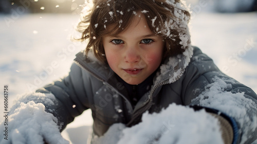 boy playing with snow