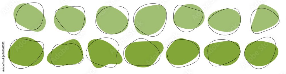 Abstract blob shape organic, irregular round blot form with outline circle. Collection of liquid drops in modern doodle style. Vector illustration set. Abstract blob shape organic, irregular round blot form with outline circle. Collection of liquid drops in modern doodle style. Vector illustration set.