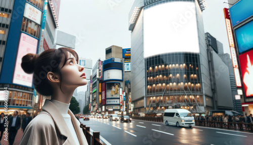 A model looking up at a blank billboard in a busy city street. photo