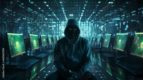 Anonymous hacker, surrounded by a network of glowing data. Cybersecurity, Generative Ai (ID: 660663961)
