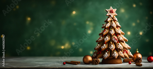 Fun and Festive Christmas cookie tree made of biscuits ornaments. Creative Xmas and New Year holiday season recipe for party. Stylish banner design. Isolated Christmas tree on green background