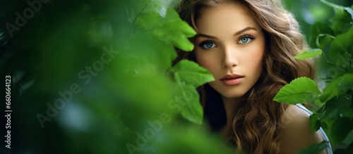 Beautiful young woman's face behind green leaves while looking at the camera